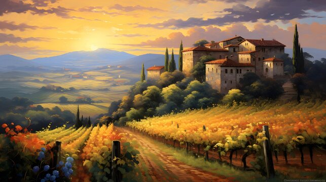 Tuscany landscape with vineyards and farmhouse, Italy.