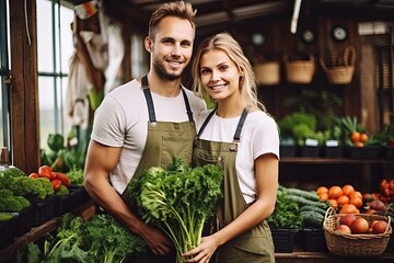 Obraz premium Loving Scandinavian couple with their garden vegetable crop. Natural products as the basis of health at any age. They are standing in apron in greenhouse with a basket of vegetables.