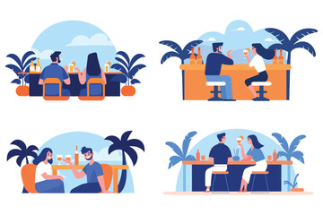 Hand Drawn couple having a drink at a bar by the sea in flat style