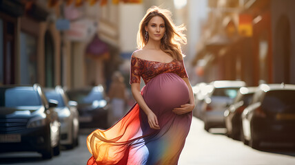 Beautiful and elegant pregnant lady with elegant colorful cloth walking in the city street