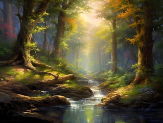 Beautiful autumn forest with river and sunbeams - panorama