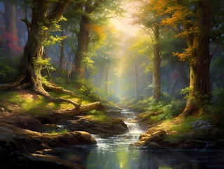 Crédence en verre imprimé Rivière forestière Beautiful autumn forest with river and sunbeams - panorama