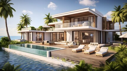 3d rendering of modern cozy house with pool and parking for sale or rent in luxurious style by the sea or ocean. Clear sunny summer day with blue sky. For sale or rent - obrazy, fototapety, plakaty
