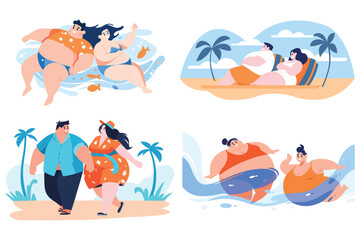 Hand Drawn overweight tourists swimming in the sea in flat style