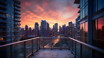 Fototapeten Panoramic view of a modern city at sunset from a balcony © Iman