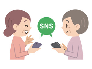 SNS交換をするシニア女性のイラスト