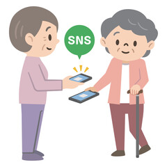 SNS交換をするシニア女性のイラスト