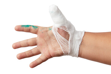 Bandaged finger on a hand isolated white background