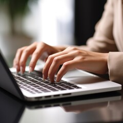 Close-up of female hands typing on laptop keyboard indoors. , AI Generated