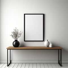 minimal scandinavian living room interior with black mock up poster frame for mockup. AI Generated