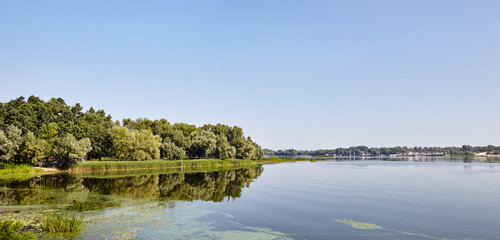 Scenery with dense trees near the river in Kyiv, Europe. Pier with parked yachts on background