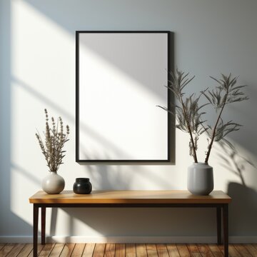 minimal scandinavian living room interior with black mock up poster frame for mockup. AI Generated