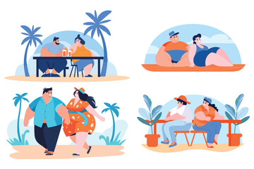 Hand Drawn overweight Tourists relaxing by the sea on vacation in flat style