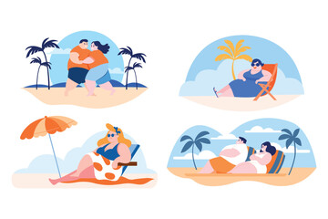 Fototapeta na wymiar Hand Drawn overweight Tourists relaxing by the sea on vacation in flat style
