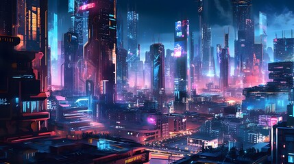 Fototapeta na wymiar Panoramic view of modern city at night. Panoramic background