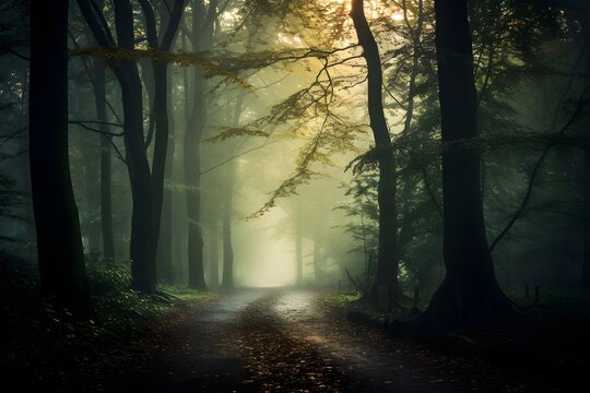 Path through the forest in the morning fog. Panoramic image