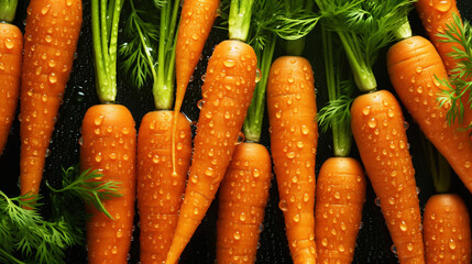 Fresh orange carrots with water drops background. Vegetables backdrop. Generative AI
