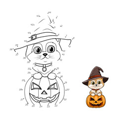 Dot to dot game. Draw a line. The cat in the witch's blooper sits in a Halloween pumpkin. For children. worksheet. Coloring book. cartoon characters.