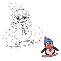 Game "Dot to dot". Draw a line. A penguin in a hat and scarf rides a snowboard. For children. worksheet. Coloring book. cartoon characters.