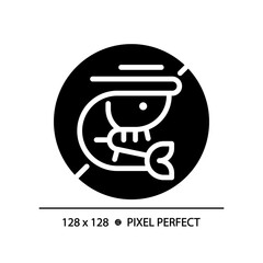 2D pixel perfect glyph style shrimp free icon, isolated vector, silhouette illustration representing allergen free.