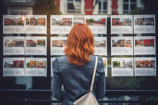 Vue de dos d'une femme rousse devant des annonces d'une agence immobilière » IA générative
