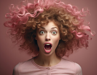 Surprised woman's expression looking at the camera with big open eyes, pink background, curly hair and pink extensions on hair