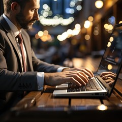 Close-up of male hands typing on laptop keyboard indoors. , AI Generated