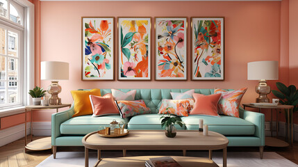 Stylish Living Room Interior Mockup, Modern Interior Design, 3D Render, 3D Illustration