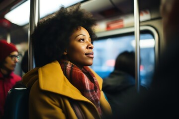 Serious young African American woman taking a tram to work. Passengers commuting in bus. Public bus ride. Morning trip by city bus.