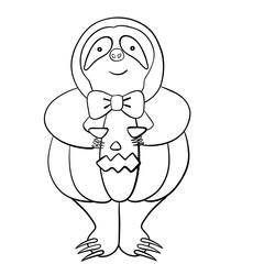 Cute Lazy Sloth Dressed as Pumpkin in Black and White Lines for Halloween Fun