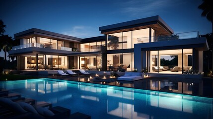 Obraz na płótnie Canvas Luxury modern villa with swimming pool at night. Nobody inside