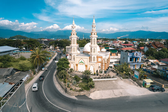 Aerial view The Grand Mujahidin Mosque which stands on the beachfront Taplau and has a good view of the sea