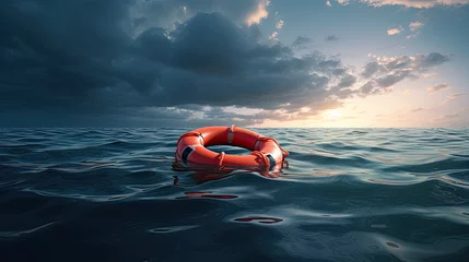 Deurstickers Lifebuoy floating at sea - Generative AI  © Nhan