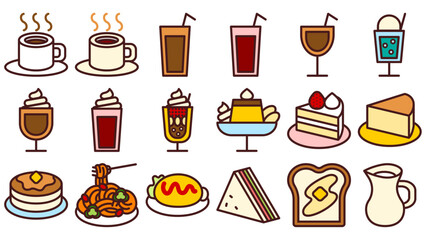 喫茶店・カフェメニューのアイコンセット。シンプルなベクター線画イラスト。
Cafe menu icon set. Simple vector illustrations.