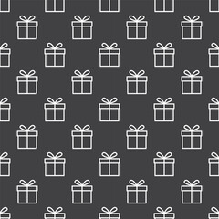 Simple repeating pattern of white outline gift icon on black background