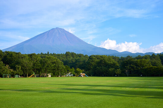 緑色の芝生と青空に映える夏の富士山