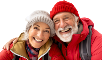 Senior couple taking a selfie during a vacation, outdoors hiking. Isolated on transparent background.