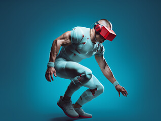 Sporty fitness muscular bodybuilder man wearing a futuristic outfit in motion jumping running dancing wearing a Virtual reality glasses headset. Red and blue. Playing a sport vr e-game.