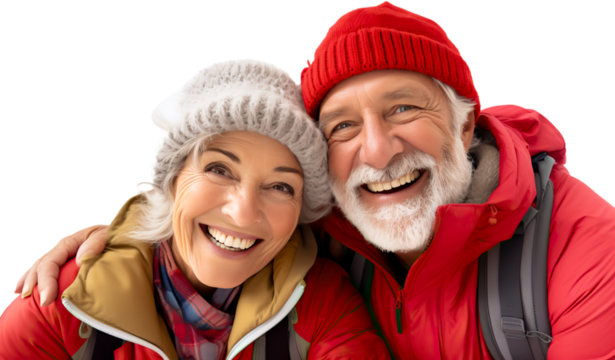 Senior couple taking a selfie during a vacation, outdoors hiking. Isolated on transparent background. 