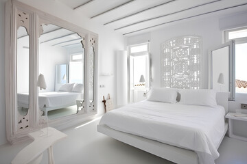 Greek style bedroom interior with modern bed in luxury house.
