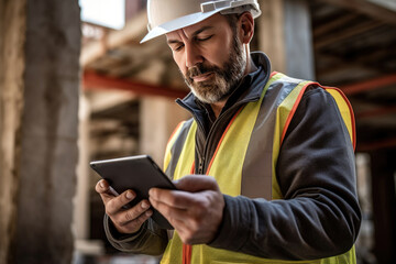 A male engineer working on tablet at construction site. Generative Ai