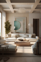 Fototapeta na wymiar Greek style interior of living room in modern luxury house.