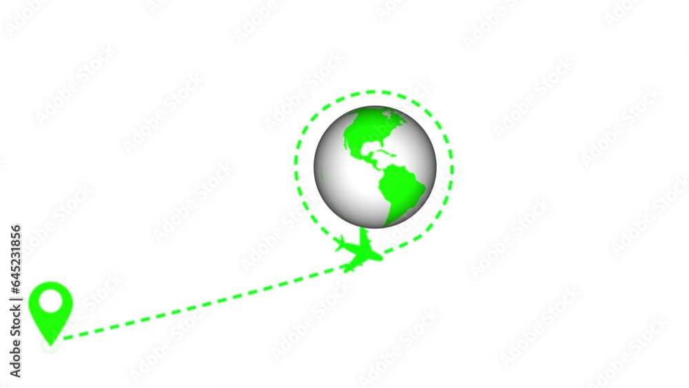 Poster minimalistic animation route of airplane animation with earth on white background