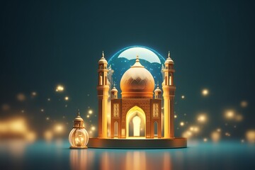 Free Eid Mubarak realistic silhouette of moon and mosque Generative AI