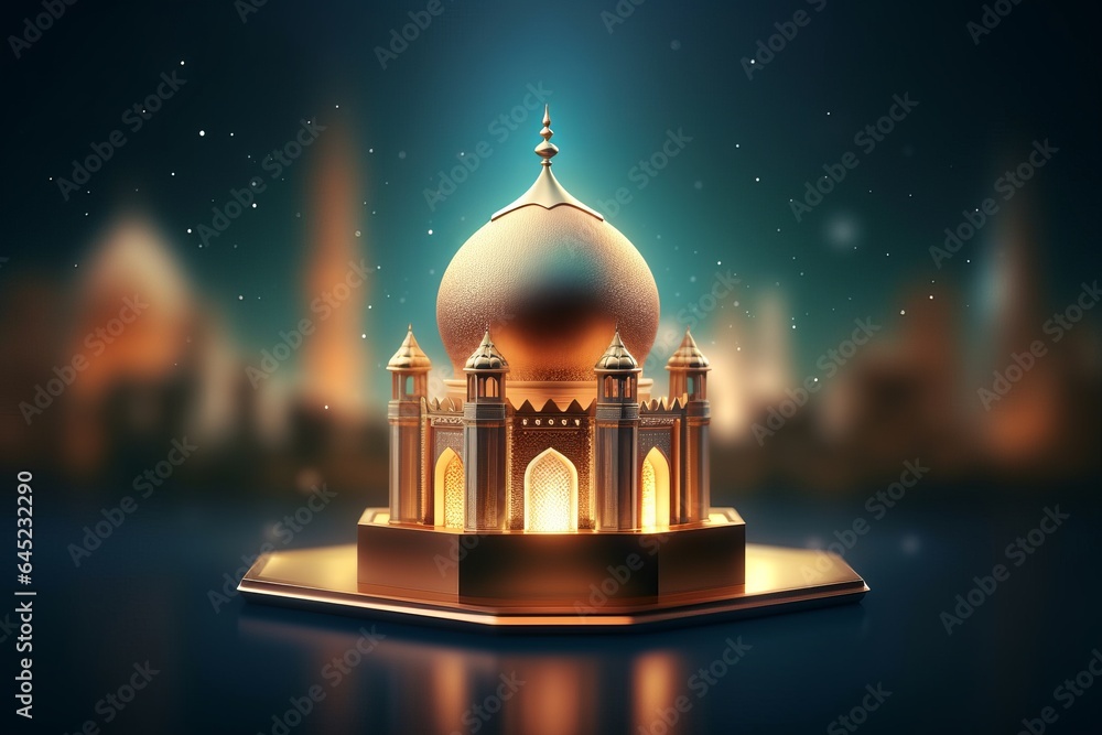 Poster free eid mubarak realistic silhouette of moon and mosque generative ai