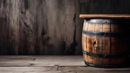 background of barrel and worn old table of wood. generative ai.