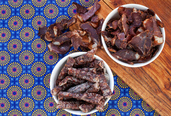 South African Traditional Biltong and dry wors on blue traditional printed cloth