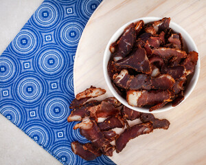 South African Traditional Biltong with blue traditional printed cloth