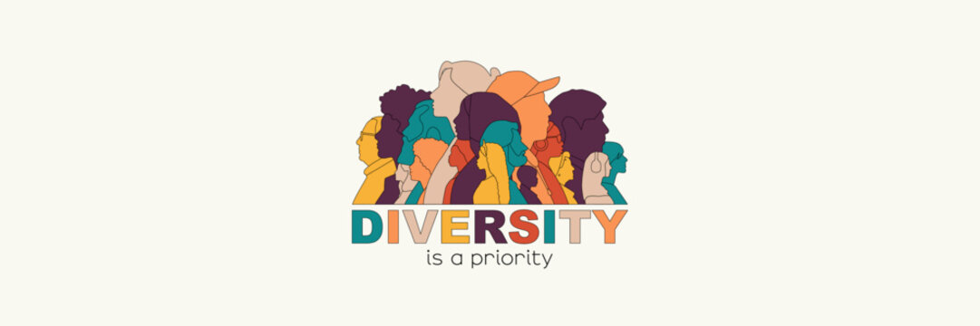 Diversity is a priority. Different people stand side by side together.	 Modern colour design.
