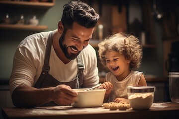 Fototapeta na wymiar happy laughing father and child wearing santa hats cooking and decorating Christmas cookies. AI Generated